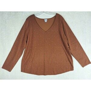 Chicos Sweater Womens 3 US XL Gold Brown Studded All Over Knit Pullover V Neck
